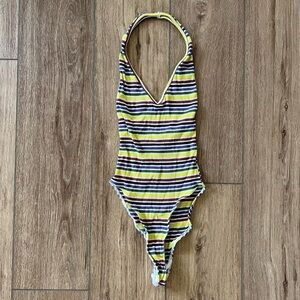 OUT FROM UNDER LOW CUT HALTER STRIPED BODY SUIT